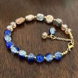 Ocean Blue Mixed Bead Bracelet –Handmade Mother of Pearl & Crystal Gold Jewelry